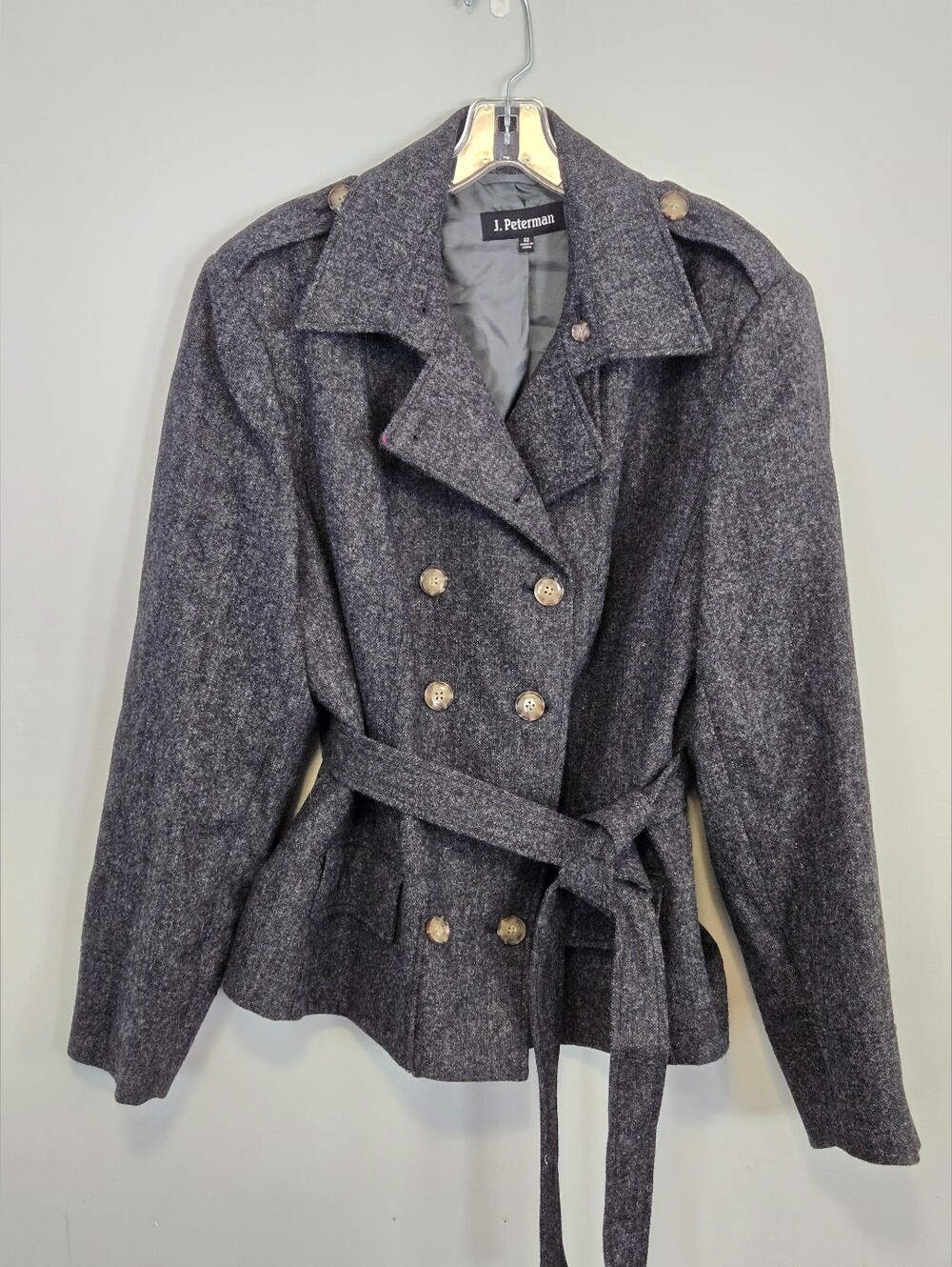 J. Peterman Vintage Wool Double Breasted Belted Pea Coat Jacket Size 22 Charcoal